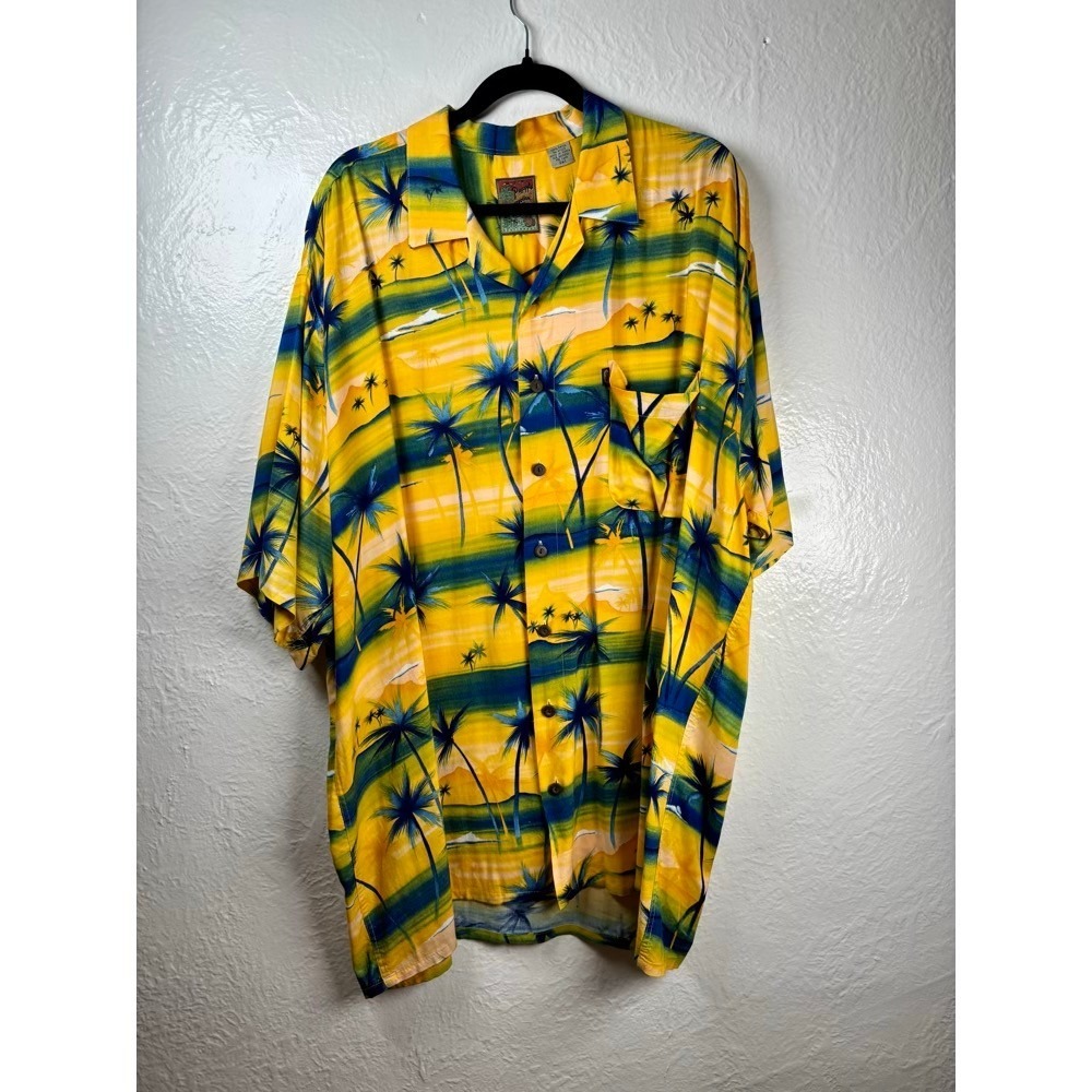 Pineapple Connection Shirt Mens 2XT Yellow Blue Tropical Palm Tree Hawaiian